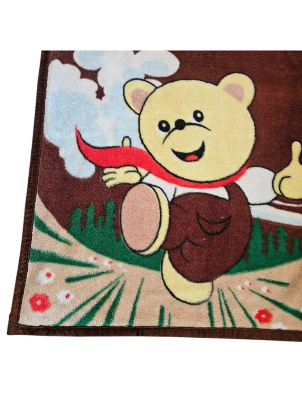 VTG Bear With Scarf Mink Baby Blanket‎ Kids Brown 39x55 Inches Velvet Trim